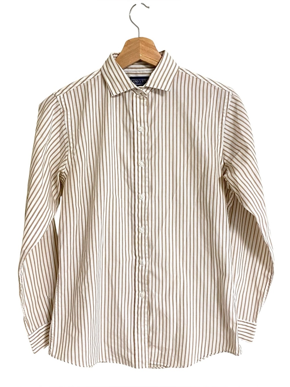 Lands’End white & tan neutral striped button up long sleeve classic shirt size 8